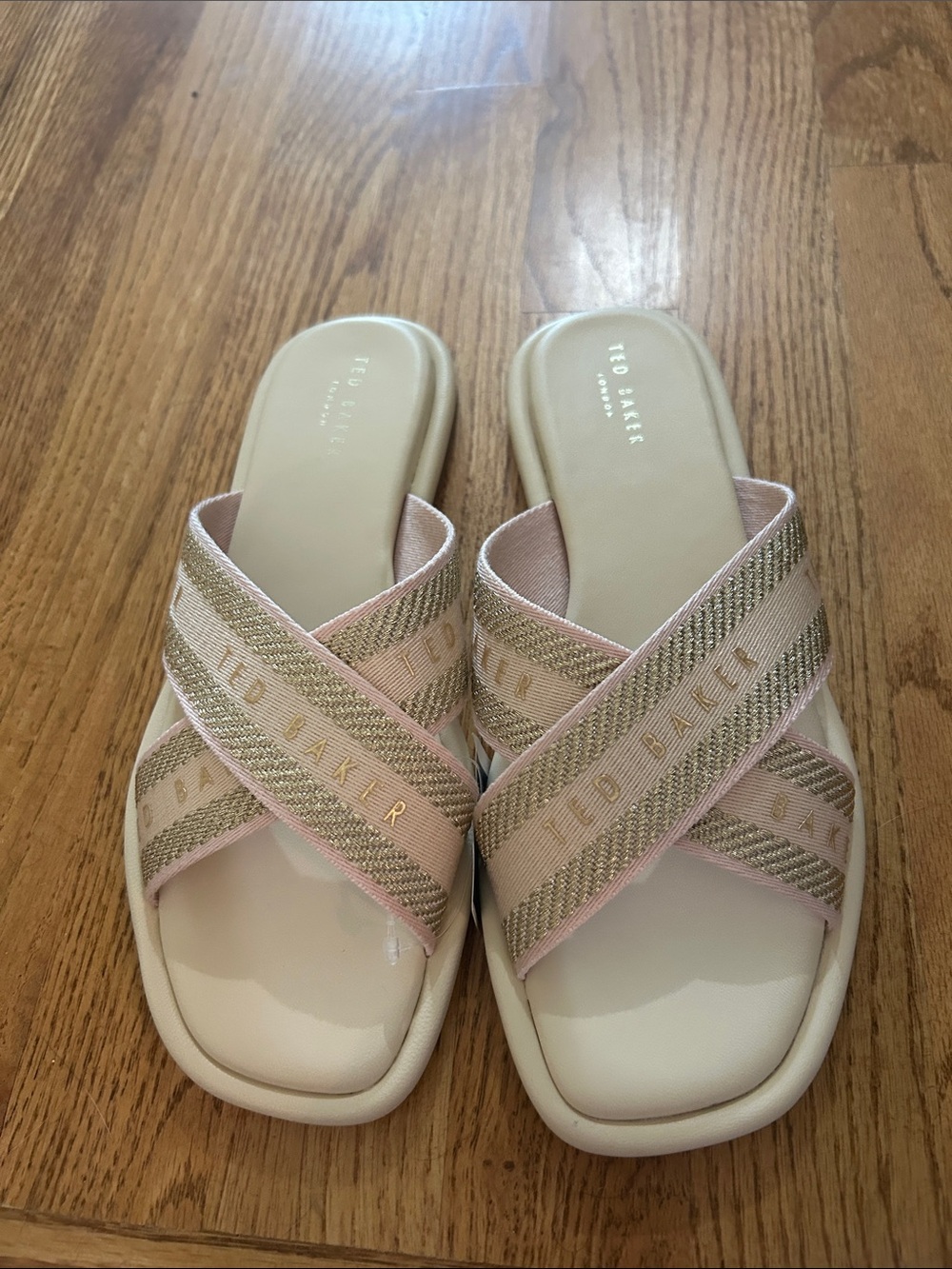 Brand New Ted Baker Pale Pink and Gold Crisscross Slide Sandals